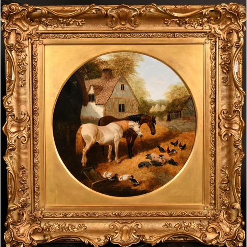 320 - John Frederick Herring Jnr (1815-1907), horses with pigs, ducks and chickens in a farmyard, oil on c... 