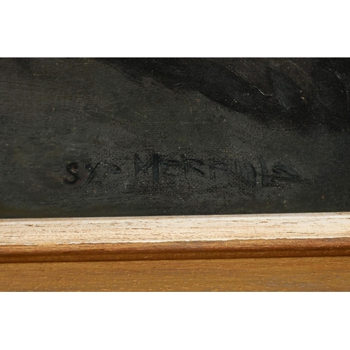 323 - Sydney Merrills (20th Century) A portrait of a long haired black dog, oil on canvas, signed, inscrip... 