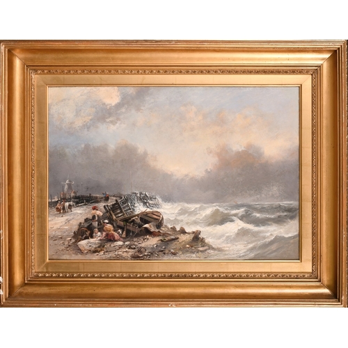 327 - 19th Century English School.A pair of oil on canvas scenes of figures by beached boats, 15