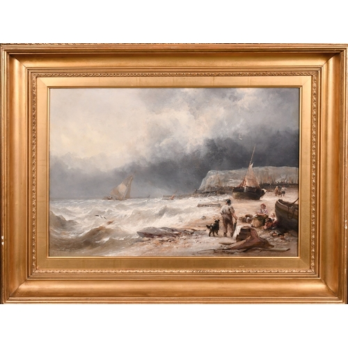 327 - 19th Century English School.A pair of oil on canvas scenes of figures by beached boats, 15