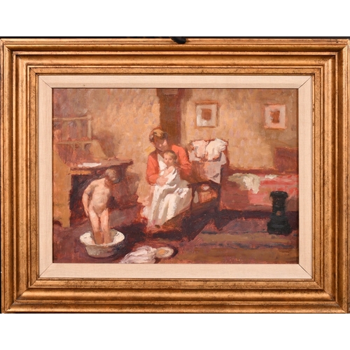 334 - Bernard Dunstan (1920-20017), mother bathing her children in an interior, oil on board, signed with ... 