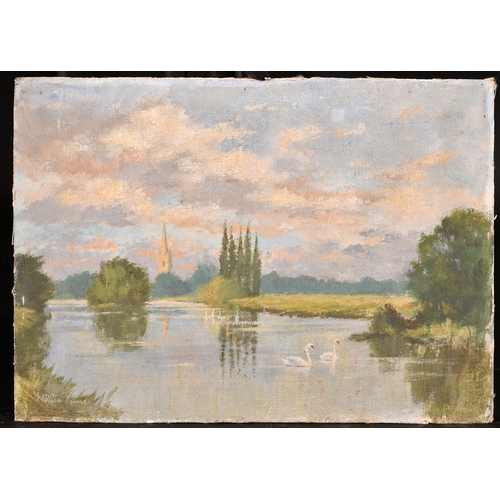 350 - William Burns (1923-2010), swans on a river with a church spire beyond, oil on canvas laid down, sig... 