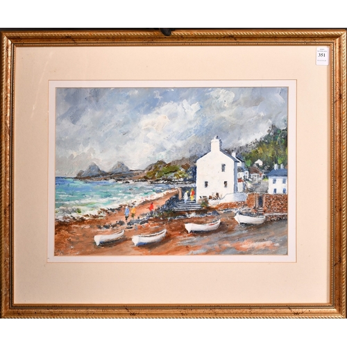 351 - Circle of Fred Yates, a whitewashed fishing village, oil on paper, 11.5