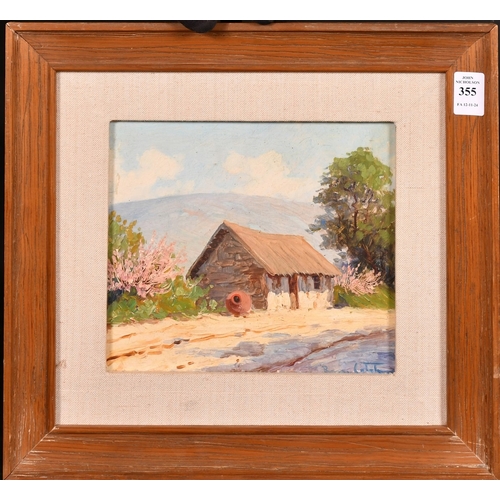 355 - Benito Ramos Catalan, hut on a mountain road, oil on board, signed, indistinctly inscribed, on rever... 