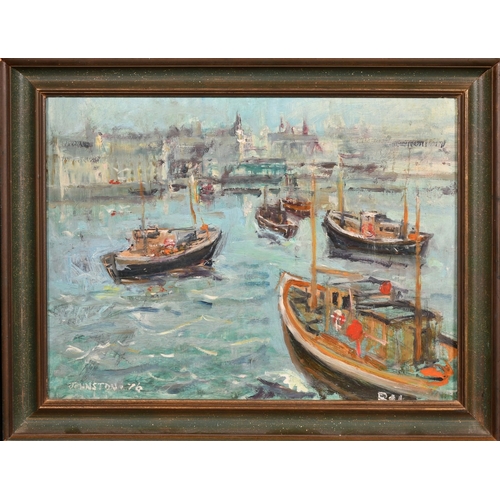 356 - 20th Century Impressionist School, fishing boats in a built up harbour, oil on board, signed Johnsto... 