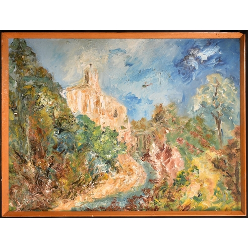 357 - Modern British School, Impressionist landscape, with monastery behind trees, oil on canvas board, Ta... 