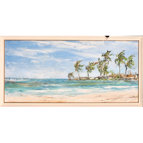 359 - 20th Century Impressionist School, palm trees on a windswept spit, oil on canvas board, signed crane... 