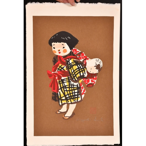 84 - Kyoshi Saito (1907-1997) Japanese, a pair of woodcut prints each with a mother and child, both signe... 