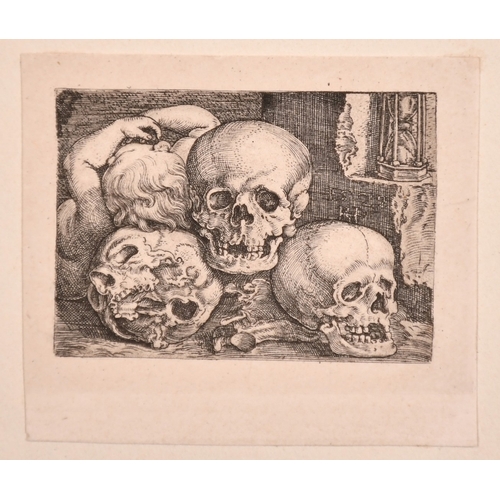 87 - Barthel Beham (1502-1540), a sleeping child with three skulls, engraving, 1.5