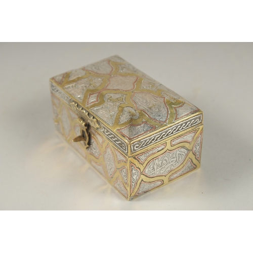 106 - A FINE 19TH CENTURY DAMASCUS SILVER AND COPPER INLAID BRASS BOX, 10cm across.