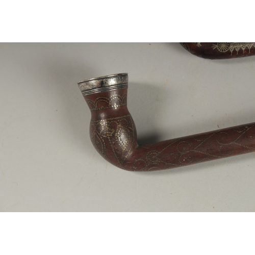 113 - TWO FINE OTTOMAN TURKISH SILVER AND BRASS INLAID WOODEN SMOKING PIPES, longest 43cm long, (2).