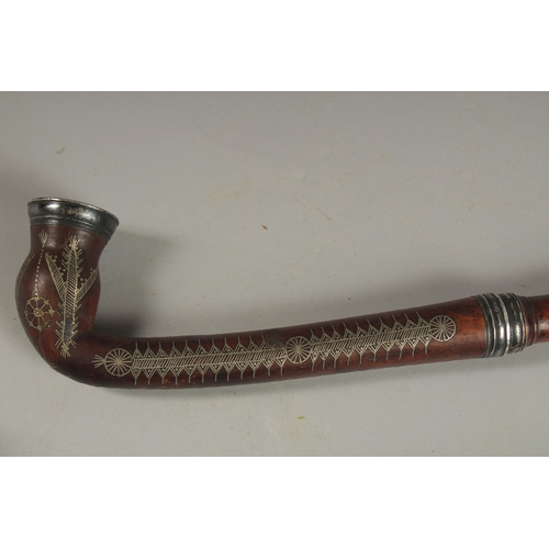 113 - TWO FINE OTTOMAN TURKISH SILVER AND BRASS INLAID WOODEN SMOKING PIPES, longest 43cm long, (2).