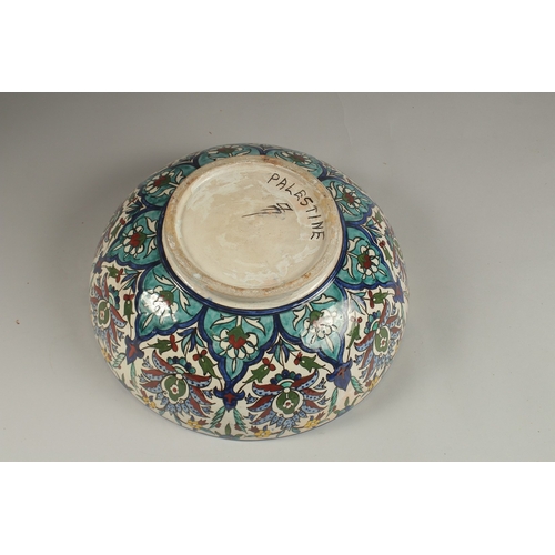 116 - A VERY FINE AND LARGE SIGNED PALESTINIAN JERUSALEM GLAZED POTTERY BOWL, 34cm diameter.