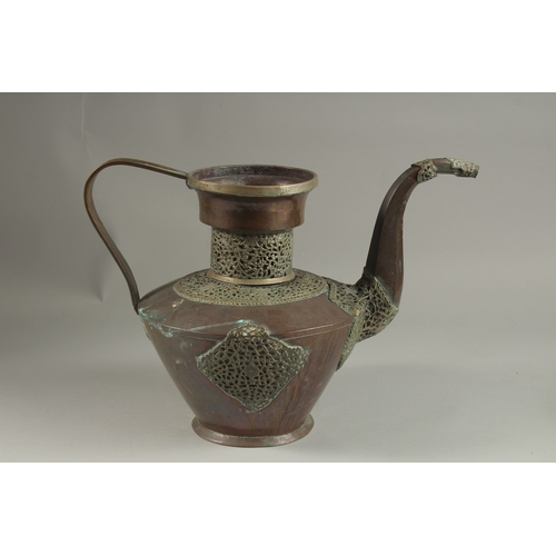 118 - A LARGE 19TH CENTURY TIBETAN WHITE METAL MOUNTED COPPER EWER, 29cm high.