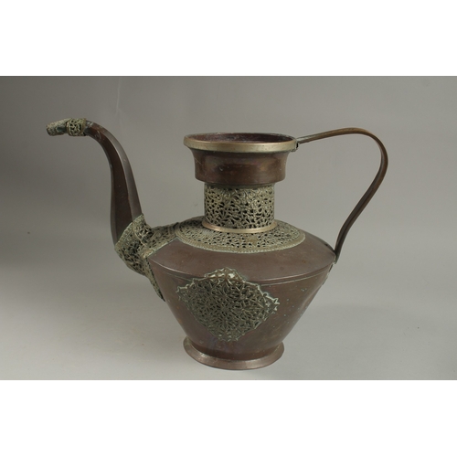 118 - A LARGE 19TH CENTURY TIBETAN WHITE METAL MOUNTED COPPER EWER, 29cm high.