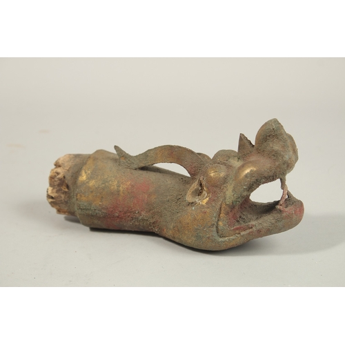 122 - A RARE CHINESE OR TIBETAN POSSIBLY MING DYNASTY GILT COPPER DRAGON HEAD FINIAL, probably a furniture... 