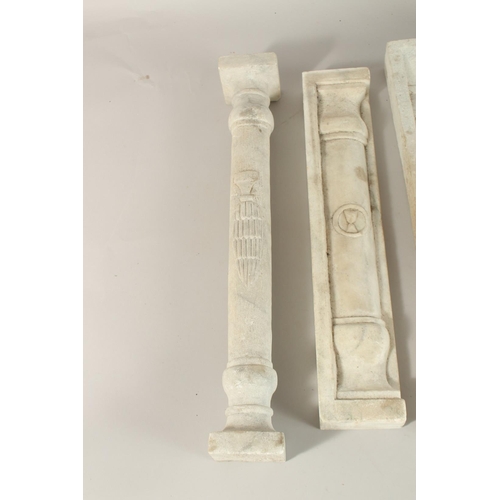 129 - A COLLECTION OF SEVEN ISLAMIC MAMLUK STYLE CARVED MARBLE PILLARS, some with Mamluk cup symbols, (7).