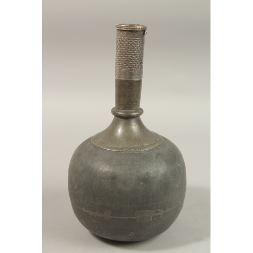 134 - A RARE 18TH CENTURY MUGHAL INDIAN SILVER MOUNTED LEAD SURAHI BOTTLE, 30cm high.