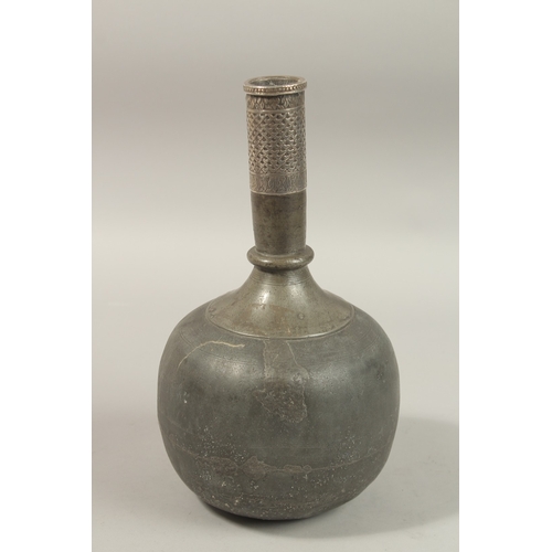 134 - A RARE 18TH CENTURY MUGHAL INDIAN SILVER MOUNTED LEAD SURAHI BOTTLE, 30cm high.