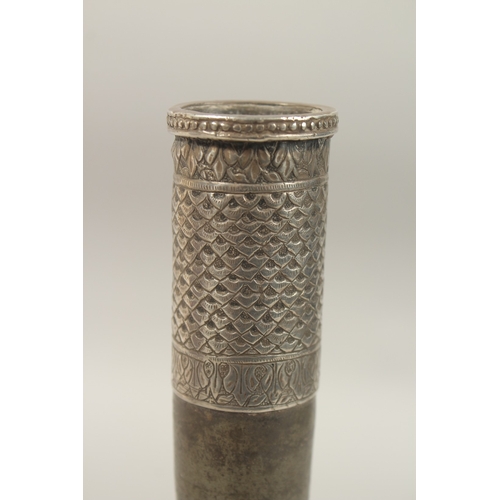 134 - A RARE 18TH CENTURY MUGHAL INDIAN SILVER MOUNTED LEAD SURAHI BOTTLE, 30cm high.