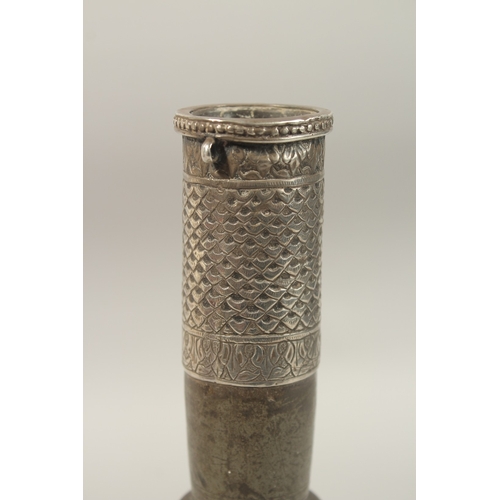 134 - A RARE 18TH CENTURY MUGHAL INDIAN SILVER MOUNTED LEAD SURAHI BOTTLE, 30cm high.