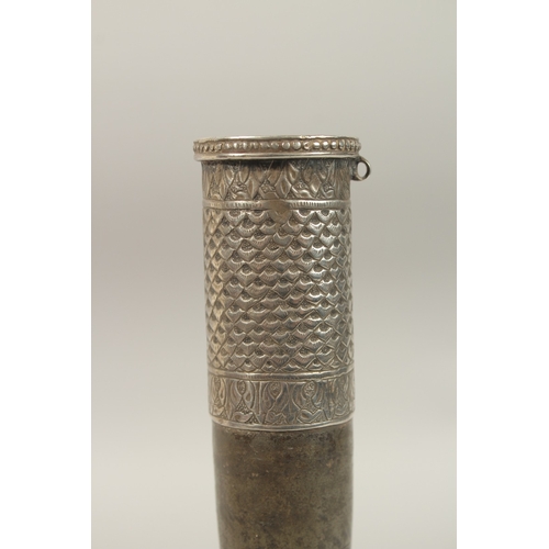 134 - A RARE 18TH CENTURY MUGHAL INDIAN SILVER MOUNTED LEAD SURAHI BOTTLE, 30cm high.