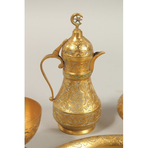 136 - A FINE 19TH-20TH CENTURY OTTOMAN TURKISH GILT COPPER TOMBAK COFFEE SET, tray 21cm diameter.