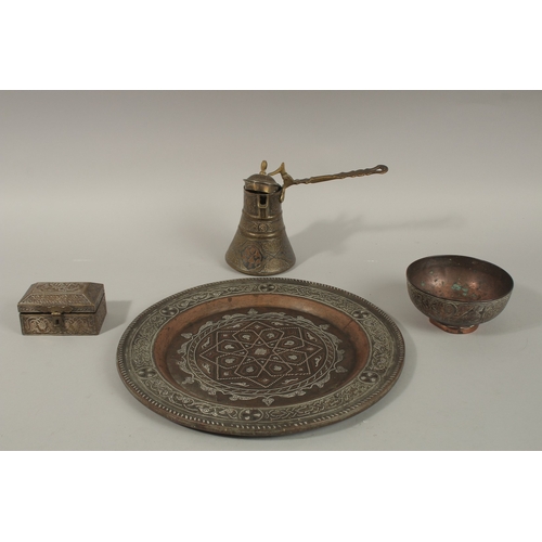 139 - A FINE SYRIAN DAMASCUS SILVER AND COPPER INLAID BRASS TRAY, inscribed and dated 1910, together with ... 