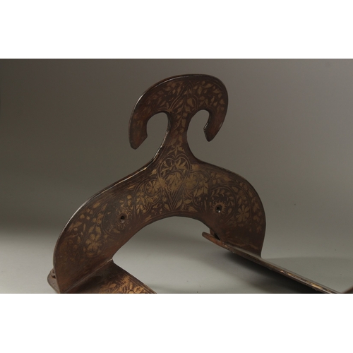 142 - A RARE AND FINE 18TH-19TH CENTURY PERSIAN SILVER INLAID IRON SADDLE, with calligraphic inscriptions,... 