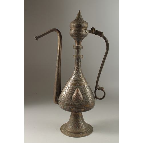 144 - A VERY FINE AND LARGE 19TH CENTURY SYRIAN DAMASCUS SILVER AND COPPER INLAID BRASS EWER, with calligr... 