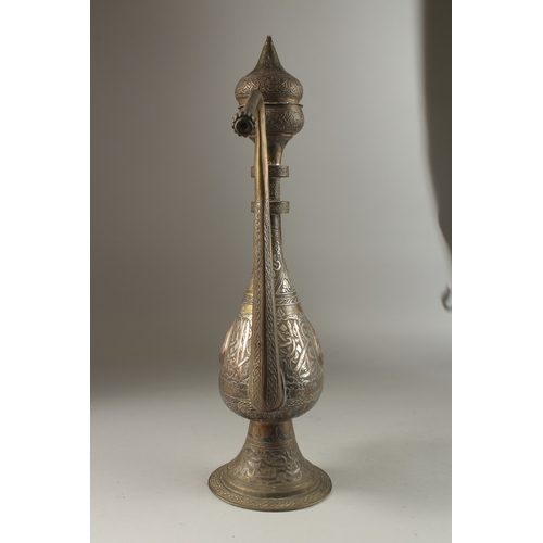 144 - A VERY FINE AND LARGE 19TH CENTURY SYRIAN DAMASCUS SILVER AND COPPER INLAID BRASS EWER, with calligr... 