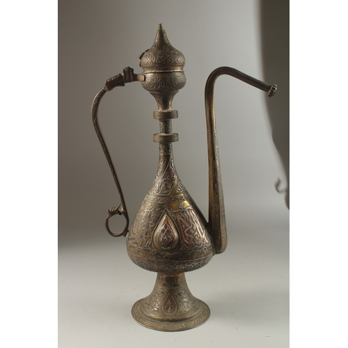 144 - A VERY FINE AND LARGE 19TH CENTURY SYRIAN DAMASCUS SILVER AND COPPER INLAID BRASS EWER, with calligr... 