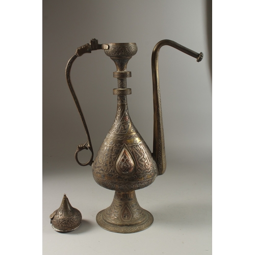 144 - A VERY FINE AND LARGE 19TH CENTURY SYRIAN DAMASCUS SILVER AND COPPER INLAID BRASS EWER, with calligr... 