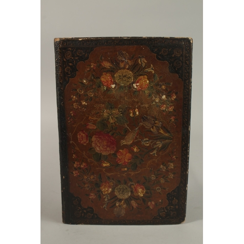 148 - A LARGE 19TH CENTURY PERSIAN QAJAR LACQUERED BOOK COVER, 33cm x 22cm.