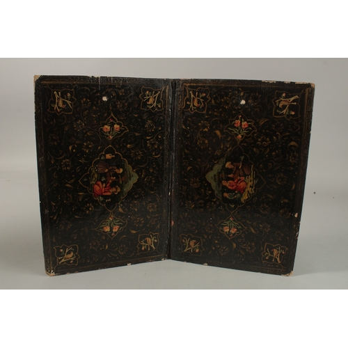 148 - A LARGE 19TH CENTURY PERSIAN QAJAR LACQUERED BOOK COVER, 33cm x 22cm.