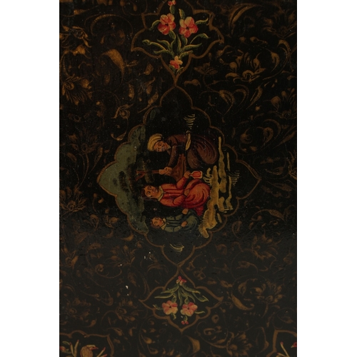 148 - A LARGE 19TH CENTURY PERSIAN QAJAR LACQUERED BOOK COVER, 33cm x 22cm.