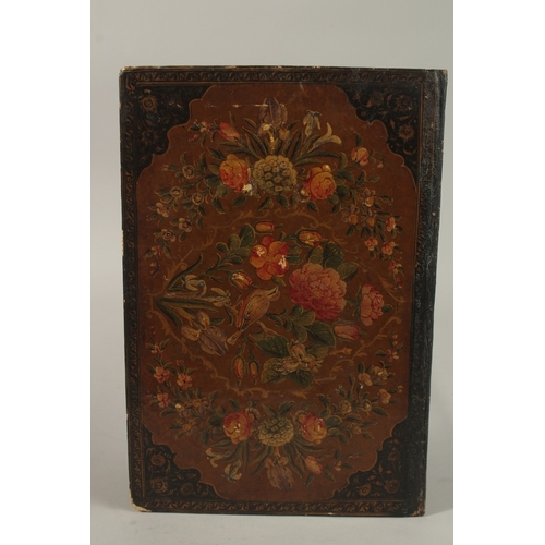 148 - A LARGE 19TH CENTURY PERSIAN QAJAR LACQUERED BOOK COVER, 33cm x 22cm.