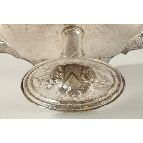 155 - A PERSIAN ENGRAVED AND CHASED SOLID SILVER FOOTED CENTREPIECE, with detachable stand, the bowl engra... 