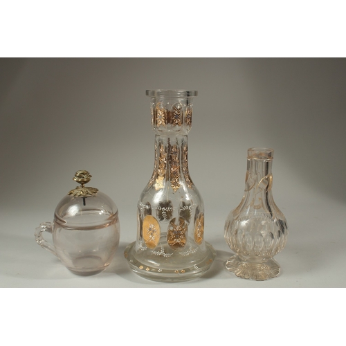 159 - TWO 19TH CENTURY OTTOMAN MARKET GILDED GLASS HUQQA BASES, and another 19th century Ottoman Turkish l... 