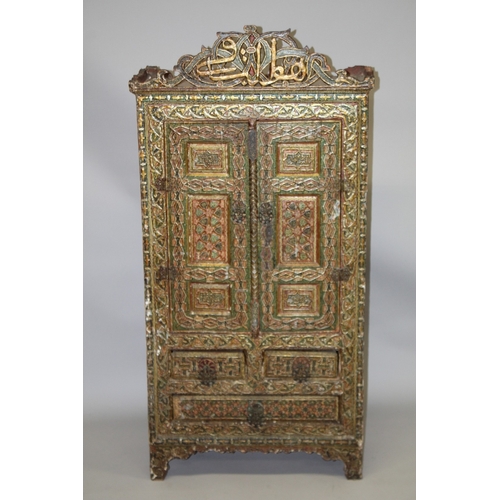 163 - A FINE LARGE LATE 19TH - EARLY 20TH CENTURY NORTH AFRICAN MORROCCAN PAINTED CARVED WOODEN CABINET,  ... 