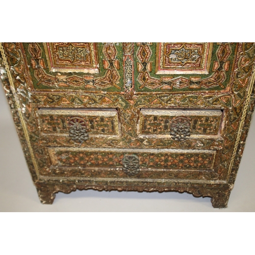 163 - A FINE LARGE LATE 19TH - EARLY 20TH CENTURY NORTH AFRICAN MORROCCAN PAINTED CARVED WOODEN CABINET,  ... 