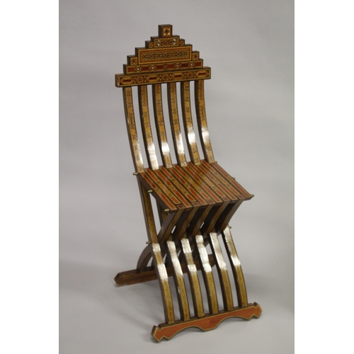 165 - A PAIR OF MOROCCAN MARQUETRY INLAID WOODEN FOLDING CHAIRS.