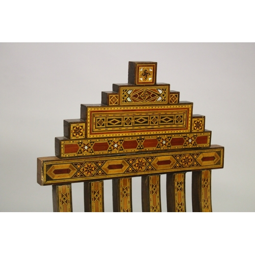 165 - A PAIR OF MOROCCAN MARQUETRY INLAID WOODEN FOLDING CHAIRS.