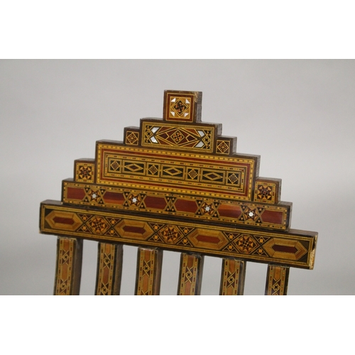 165 - A PAIR OF MOROCCAN MARQUETRY INLAID WOODEN FOLDING CHAIRS.