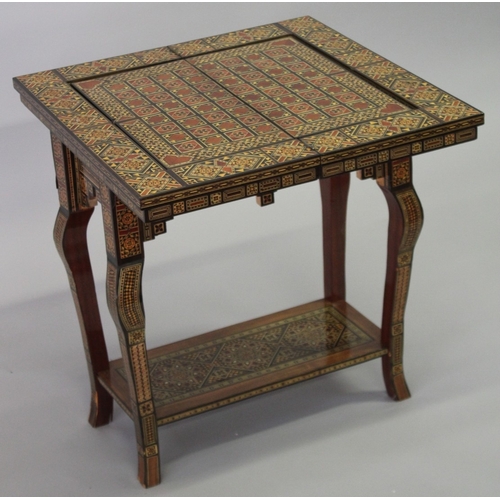 166 - A MOROCCAN MARQUETRY INLAID FOLDING GAMES TABLE, with open-out inset top and folding out leg.