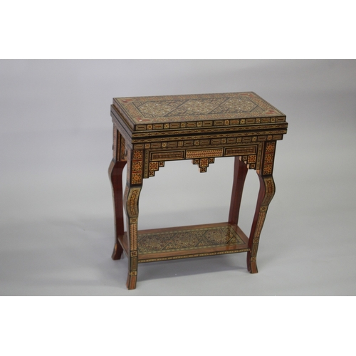 166 - A MOROCCAN MARQUETRY INLAID FOLDING GAMES TABLE, with open-out inset top and folding out leg.