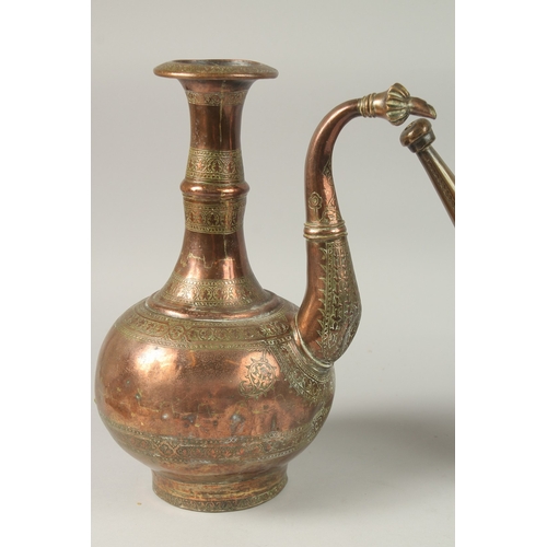 168 - A PERSIAN SAFAVID ENGRAVED COPPER EWER, together with another engraved tinned copper ewer, 33cm and ... 