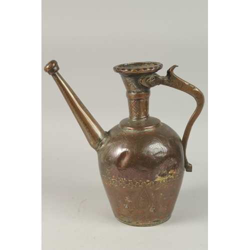 168 - A PERSIAN SAFAVID ENGRAVED COPPER EWER, together with another engraved tinned copper ewer, 33cm and ... 