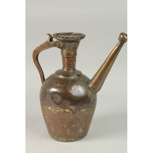 168 - A PERSIAN SAFAVID ENGRAVED COPPER EWER, together with another engraved tinned copper ewer, 33cm and ... 