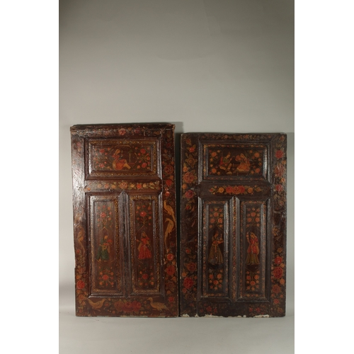 170 - TWO 19TH CENTURY PERSIAN QAJAR LACQUERED WOODEN DOORS, painted with various figures as well as birds... 